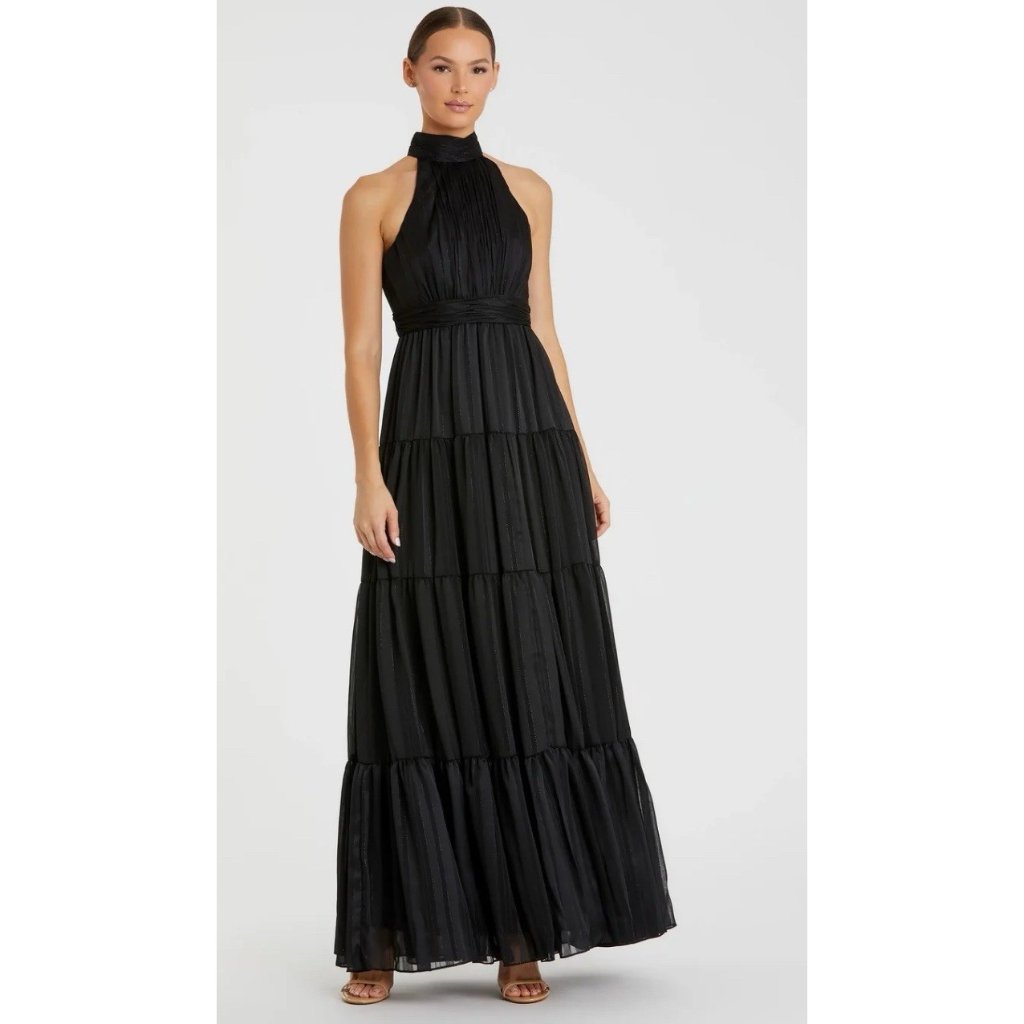 Ieena Mac Duggal Dress Gown Womens Size 4 Black Tiered Tie Halter Neck 49515